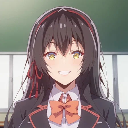 score_9_up, score_8_up, score_7_up, score_6_up, masterpiece, absurdes, highly detailed portrait, highres, high quality, best quality, high resolution, best quality, detailed eyes, high resolution
sayuki tokihara, long hair, black hair, ribbon, hair ribbon, yellow eyes, hairband, (huge breasts)
skirt, bow, school uniform, black jacket, black blazer,
upper body, grin, breasts focus,
indoor, school, ,