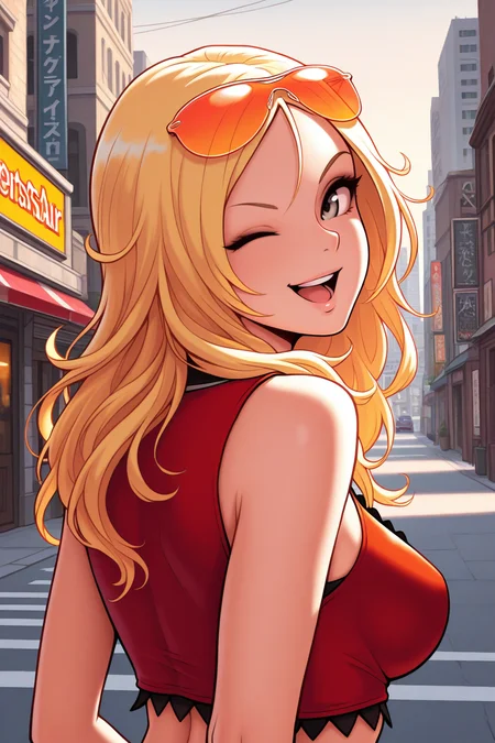 masterpiece, best quality, amazing quality, absurdres, solo, agentstarr, smile, open mouth, from behind, upper body, looking back, one eye closed, wink, long blonde hair, eyewear on head, orange sunglasses, red sleeveless, crop top, outdoors, city, modern, street