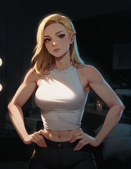 1girl, blonde, white crop top, slim, indoors, solo, waist, closed mouth, looking at the viewer, brown eyes <lora:Captain_Marvel:1> k4rol d4nvers, score_9, score_8_up, score_7_up, score_6_up, 2d, digital art, masterpiece <lora:Expressive_H:0.4> expressiveh <lora:princess_xl_v2:0.3> <lora:g0th1c2XLP:0.3> g0th1c