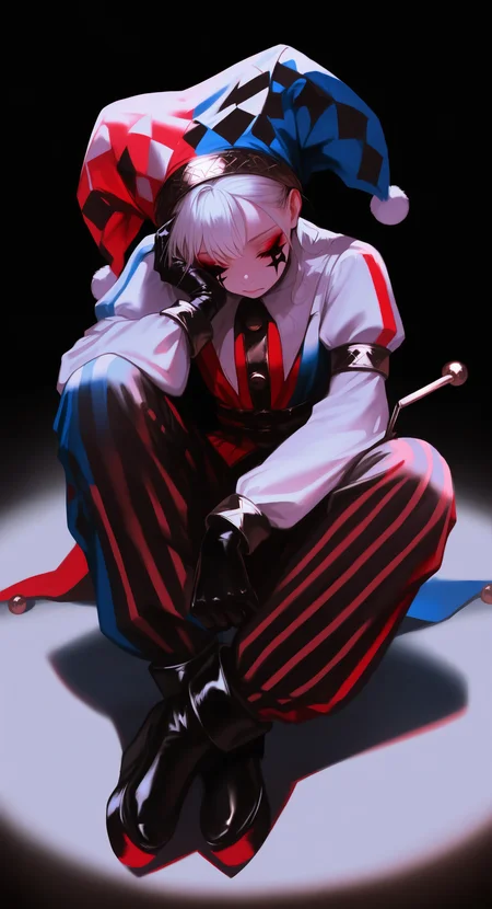 masterpiece, best quality, Good quality, very aesthetic, absurdres, newest, solo, long_sleeves, 1girl, gloves, hat, holding, sitting, full_body, closed_eyes, girl_focus, boots, black_gloves, pants, black_footwear, striped_clothes, mask, black_pants, pom_pom_\(clothes\), hand_on_own_face, vertical-striped_clothes, facepaint, jester_cap, striped_pants, pointy_footwear, jester, vertical-striped_pants <lora:ponyv5_noobV065S_1_adamW-000013:1> <lora:USNR_STYLE_XL_lokr:0.7>