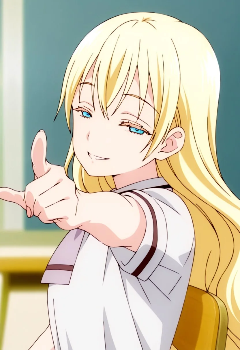 best quality, masterpiece, anime screencap, anime coloring, ultra detailed, source_anime, intricate details, perfect anatomy,
olivia, 1girl, solo, long hair, blonde hair, very long hair, bangs, blue eyes, bangs,
1girl, solo, looking at viewer, school uniform, pointing, shirt, short sleeves, chair, upper body, blurry, sitting, collared shirt, shiny smile, half-closed eyes,