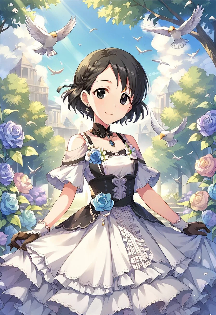 score_9, score_8_up, score_7_up, source_anime,sasaki chie, short hair, black hair, black eyes, 1girl, gloves, dress, jewelry, earrings, solo, flower, smile, bird, braid