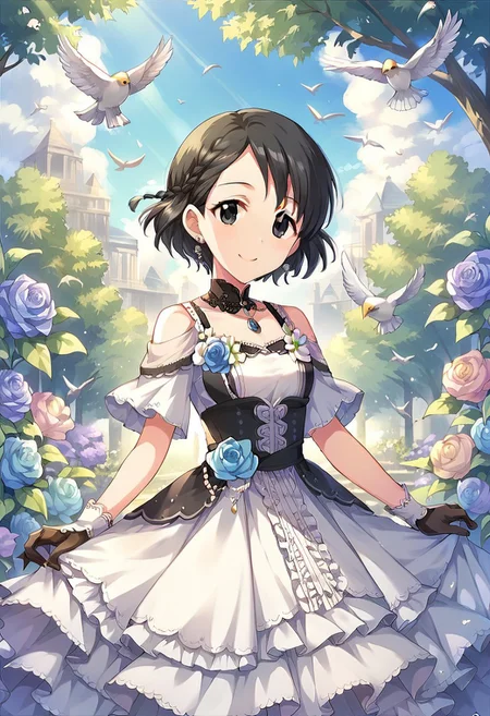 score_9, score_8_up, score_7_up, source_anime,sasaki chie, short hair, black hair, black eyes, 1girl, gloves, dress, jewelry, earrings, solo, flower, smile, bird, braid