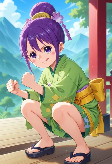 ultra-detailed, ultra-detailed background, ultra-detailed eyes, detailed limb, hair between eyes, outdoors, mountain, 1girl, <lora:Tama_Kurozumi_-_One_Piece__Illustrious:0.8>, child, purple hair, shimada hairstyle, hair bun, purple eyes, eyelashes, one piece wano style, hair ornaments, pink cheeks, green kimono, yellow sash, patched kimono, japanese sandals, loose clothes, fighting stance, detailed toes, v-shaped eyebrows, looking at viewer, licking lips, clenched hands, <lora:hand 5.5_903007:0.1>, well-defined fingers, ultra-detailed fingers, <lora:illustriousXL_stabilizer_v1.7_1135253:0.1>, <lora:spo_sdxl_10ep_4k-data_lora_webui_482964:1>, <lora:Hyper-SDXL-8steps-lora:0.5>, general, masterpiece, best quality, amazing quality, very aesthetic, absurdres,