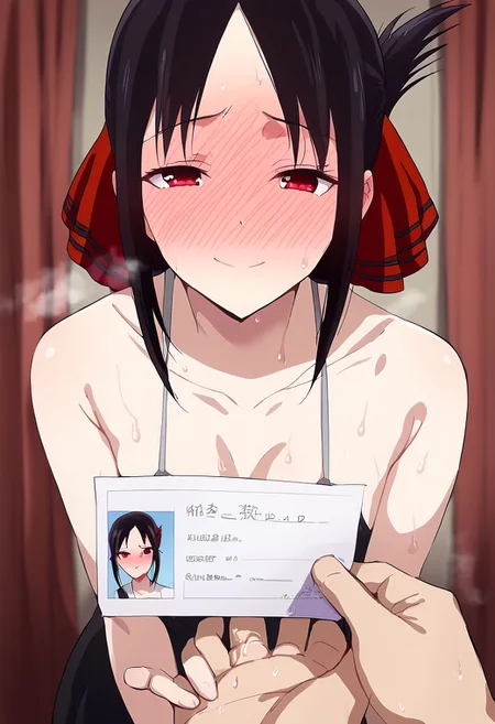 score_9, score_8_up, score_7_up, score_6_up,source_anime,smile, downblouse, nipples, sweat, sweatdrop, behind curtains, full-face blush, lust,steaming body, dark bedroom
,kaguya shinomiya, short hair, bangs, black hair, red eyes, hair ribbon, sidelocks, folded ponytail, parted bangs,
,<lora:POV_Fingering_Pony:1>, fingeringpov, fingering,
, <lora:POV_holding_ID:0.8>,ID card,pov,