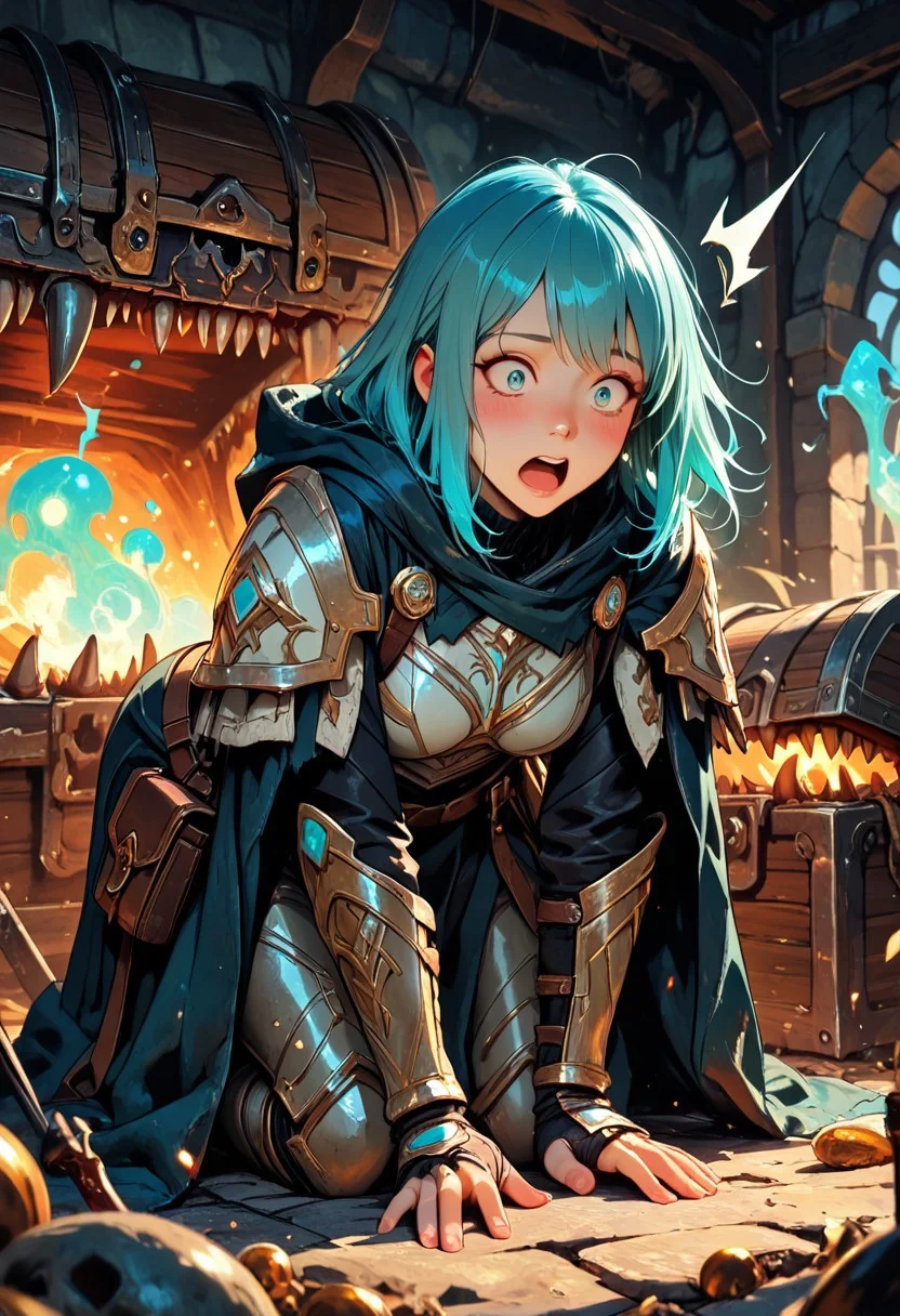 (masterpiece), (best quality), 8k, 1girl, fantasy adventurer girl, surprised, open mouth, treasure chest, Mimic, Mimic chest, Kneeling down, whimsical dungeon interior, glowing magical torches, scattered loot around, soft warm lighting, stylized fantasy armor, leather satchel, short cloak, colorful atmosphere, playful fantasy mood, cinematic lighting, semi-realistic style, detailed environment, magical sparkles in the air,
Close up,