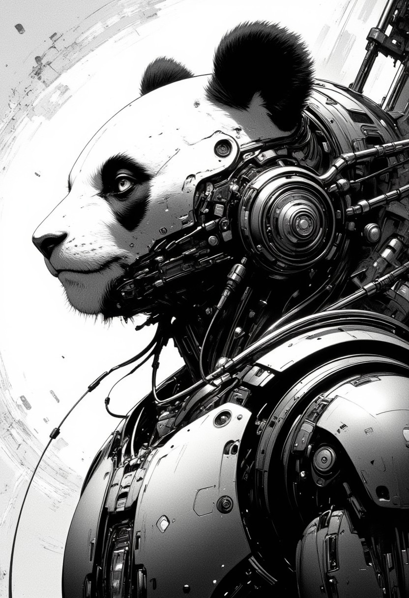 highly detailed and hyper realistic and dynamic.  This black-and-white retro anime image featuring a panda wearing a futuristic, armored spacesuit with a transparent helmet. Beeing depicted in profile, gazing upwards, with a thoughtful expression. The suit has various gadgets and a communication device on the chest. The background is minimalistic, with a stars in the upper left corner and a textured, abstract pattern. The lighting is soft, highlighting the determined face. The angle is slightly low and the style is a blend of sci-fi and manga/anime. highly detailed and hyper realistic. highest details and hyper realism.