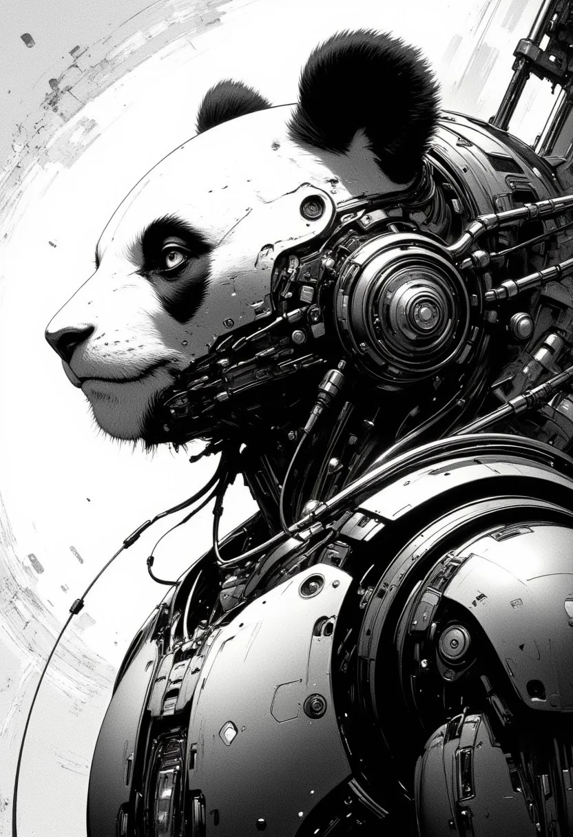 highly detailed and hyper realistic and dynamic. This black-and-white retro anime image featuring a panda wearing a futuristic, armored spacesuit with a transparent helmet. Beeing depicted in profile, gazing upwards, with a thoughtful expression. The suit has various gadgets and a communication device on the chest. The background is minimalistic, with a stars in the upper left corner and a textured, abstract pattern. The lighting is soft, highlighting the determined face. The angle is slightly low and the style is a blend of sci-fi and manga/anime. highly detailed and hyper realistic. highest details and hyper realism.