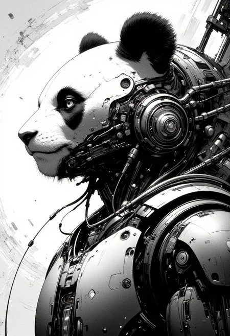 highly detailed and hyper realistic and dynamic. This black-and-white retro anime image featuring a panda wearing a futuristic, armored spacesuit with a transparent helmet. Beeing depicted in profile, gazing upwards, with a thoughtful expression. The suit has various gadgets and a communication device on the chest. The background is minimalistic, with a stars in the upper left corner and a textured, abstract pattern. The lighting is soft, highlighting the determined face. The angle is slightly low and the style is a blend of sci-fi and manga/anime. highly detailed and hyper realistic. highest details and hyper realism.