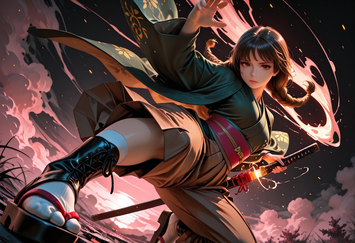 SmoothNoob_Quality, dynamic composition, 1girl, hand on katana, unsheathing, kimono, dark green kimono, Haori, reddish brown haori, Obi, sash, brown Hakama, long white socks, sandals, solo, brown hair, curly shoulder-length brown hair, front twin braids, looking at viewer, bangs, greyish-brown eyes, long hair, closed mouth, embers, black background, boots, dynamic pose, dutch angle,foreshortening, twilight, glowing, ink background, abstract background, bright colors, dark, pink theme, gray smoke, neon trim,