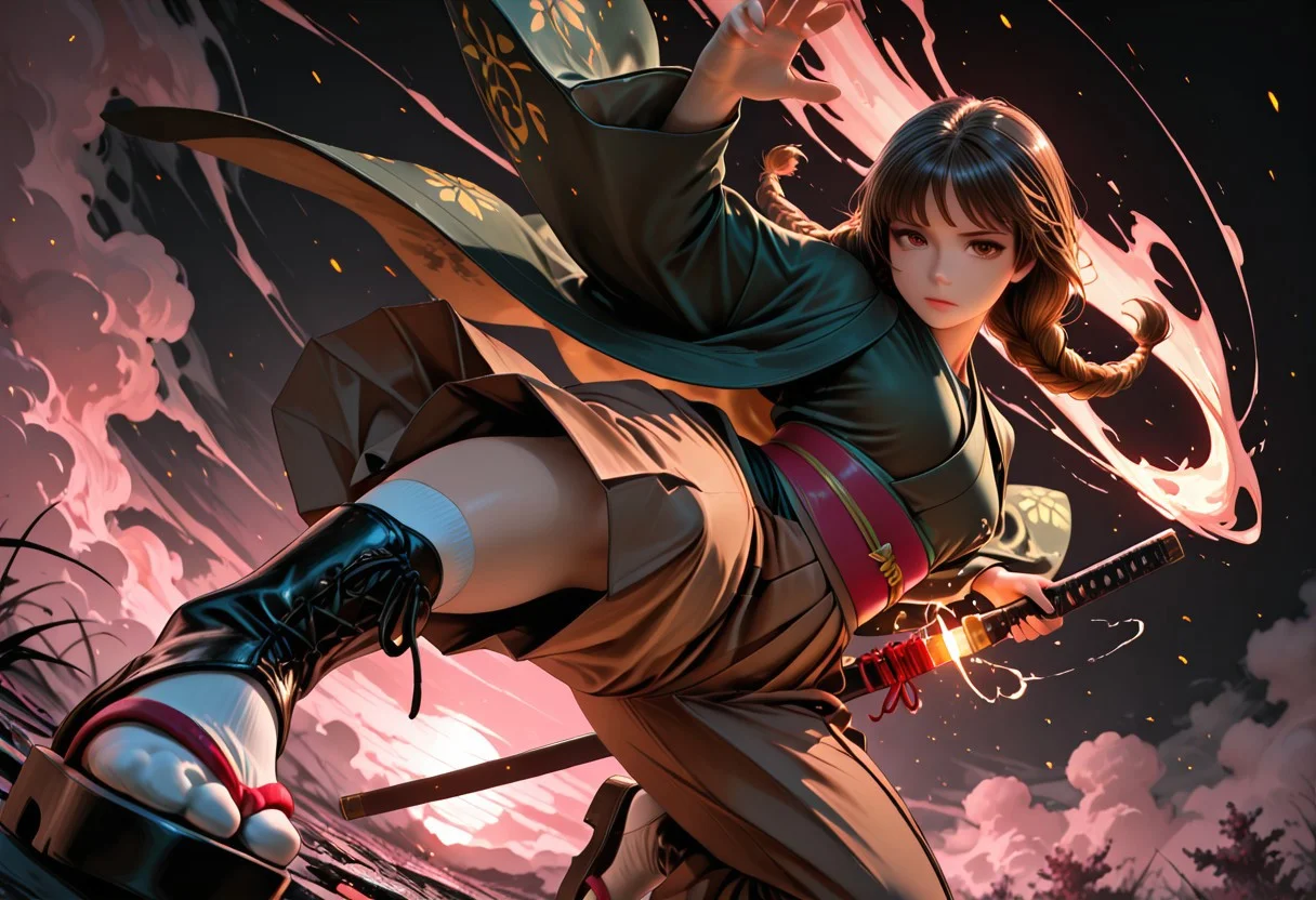 SmoothNoob_Quality, dynamic composition, 1girl, hand on katana, unsheathing, kimono, dark green kimono, Haori, reddish brown haori, Obi, sash, brown Hakama, long white socks, sandals, solo, brown hair, curly shoulder-length brown hair, front twin braids, looking at viewer, bangs, greyish-brown eyes, long hair, closed mouth, embers, black background, boots, dynamic pose, dutch angle,foreshortening, twilight, glowing, ink background, abstract background, bright colors, dark, pink theme, gray smoke, neon trim,