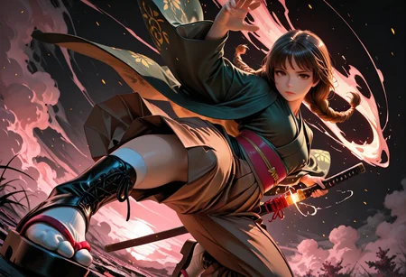 SmoothNoob_Quality, dynamic composition, 1girl, hand on katana, unsheathing, kimono, dark green kimono, Haori, reddish brown haori, Obi, sash, brown Hakama, long white socks, sandals, solo, brown hair, curly shoulder-length brown hair, front twin braids, looking at viewer, bangs, greyish-brown eyes, long hair, closed mouth, embers, black background, boots, dynamic pose, dutch angle,foreshortening, twilight, glowing, ink background, abstract background, bright colors, dark, pink theme, gray smoke, neon trim,