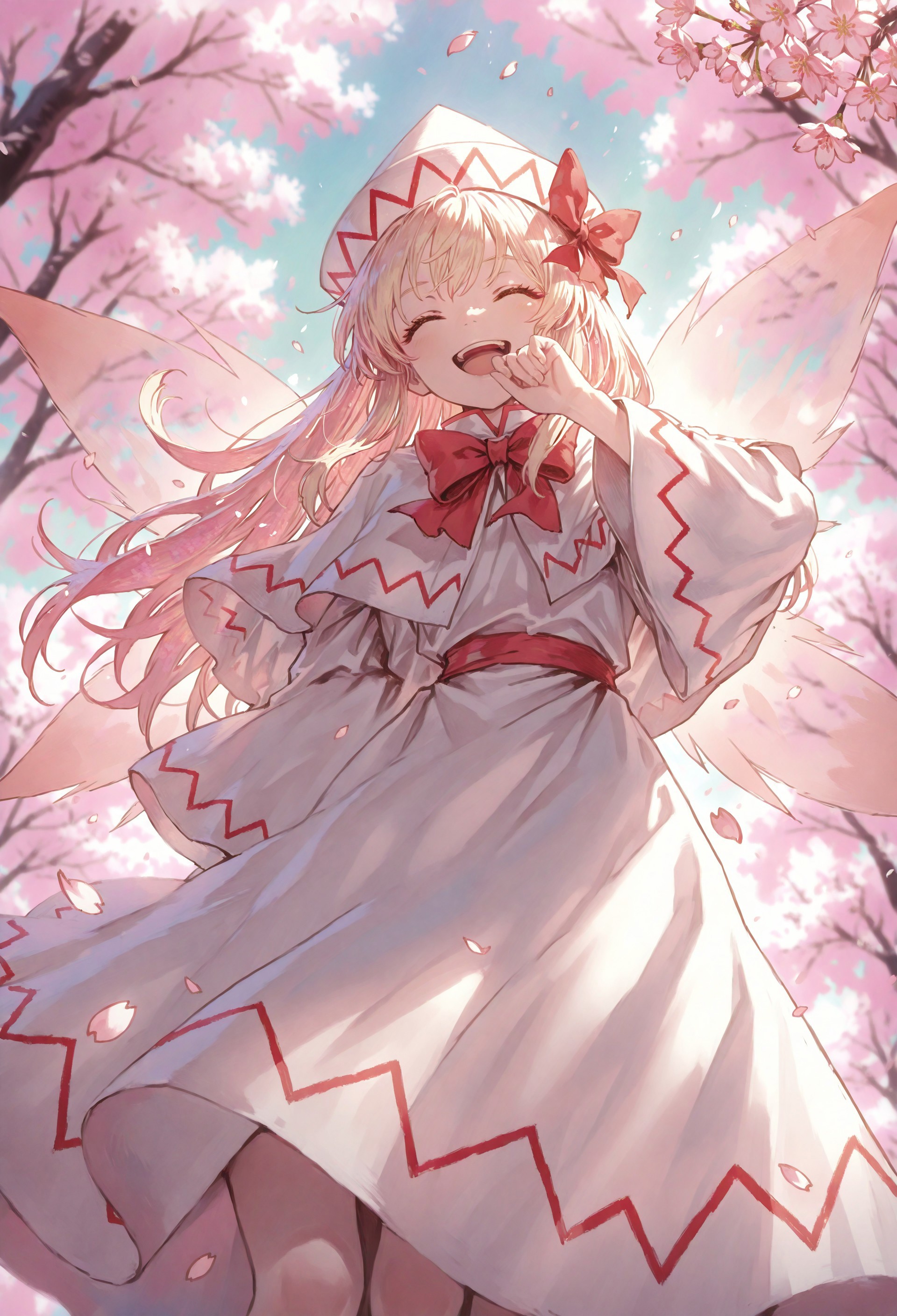 masterpiece, best quality, amazing quality, absurdres, colorful, very aesthetic, 1girl, solo, lily white, closed eyes, open mouth, flying, happy, from below, laughing, (hand to own mouth), outdoors, cherry blossom trees, cherry blossoms in the wind, spring theme, eyelashes, detailed background, depth of field,