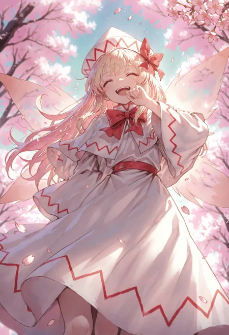 masterpiece, best quality, amazing quality, absurdres, colorful, very aesthetic, 1girl, solo, lily white, closed eyes, open mouth, flying, happy, from below, laughing, (hand to own mouth), outdoors, cherry blossom trees, cherry blossoms in the wind, spring theme, eyelashes, detailed background, depth of field,