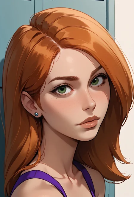 score_9, score_8, score_7, score_8_up, 1girl, bonnie and kim possible, (1petite, Kim Possible), Expressiveh, redhead, small neck, solo, freckles, (long hair, green eyes), smooth hair, medium hair, long eyelashes, collarbone, side view,  jewelry, piercings, close up view, (looking at viewer), close up view, in a school, light blue lockers, cheerleader top,