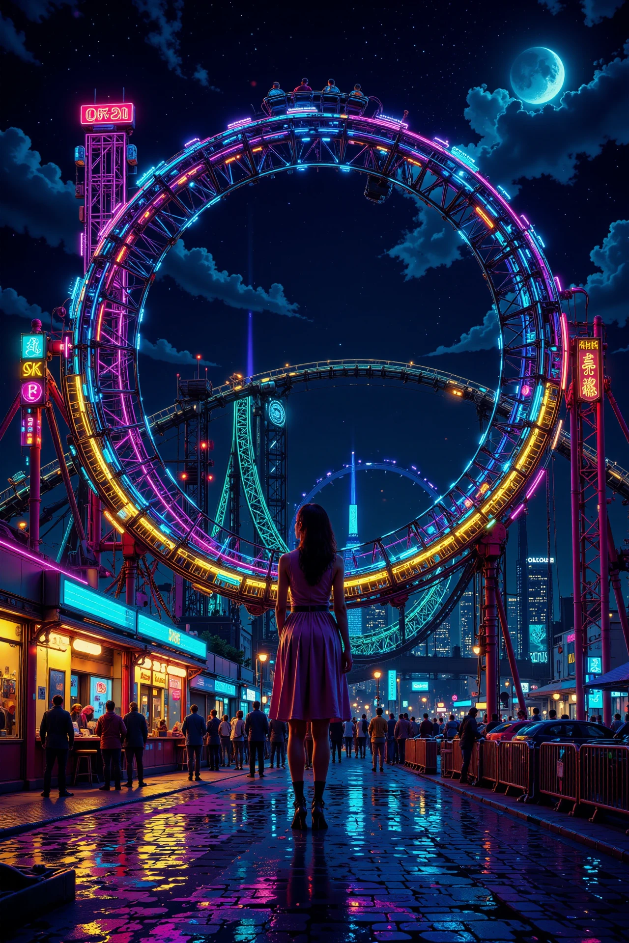 roller coaster, bright luminous night, woman, very intricate, very detailed, sharp, bright, colorful, <lora:Hand v2:0.5> <lora:Anti-Blur:1><lora:Insane Detail Slider:0.25>  <lora:flux.1_lora_flyway_Epic-detail_v2:0.3> <lora:fluxenhancer:0.25><lora:ck-Neon-Retrowave:0.4> ck-rw, in the style of ck-rw,  <lora:Neurocore Anime Cyberpunk:0.8> A digital artwork in the style of cknc