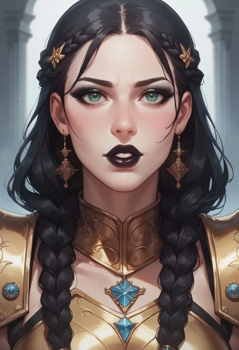score_8_up, score_7_up, score_6_up, score_9, score_9, score_8_up, score_7_up, score_6_up, score_5_up, score_4_up, castle, 1 girl, proud white muscular female medium black hair braids, pale skin white knight, long nails, black nails, golden armor, black lipstick, green eyes, black eyeshadow, close up.