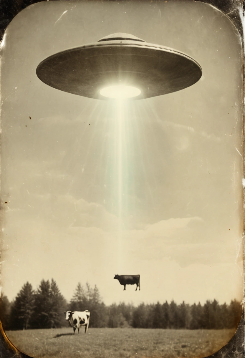 vintage scratched daguerreotype, ufo, levitating cow, light beam, distressed photo, film grain, grainy, blurry, low quality
