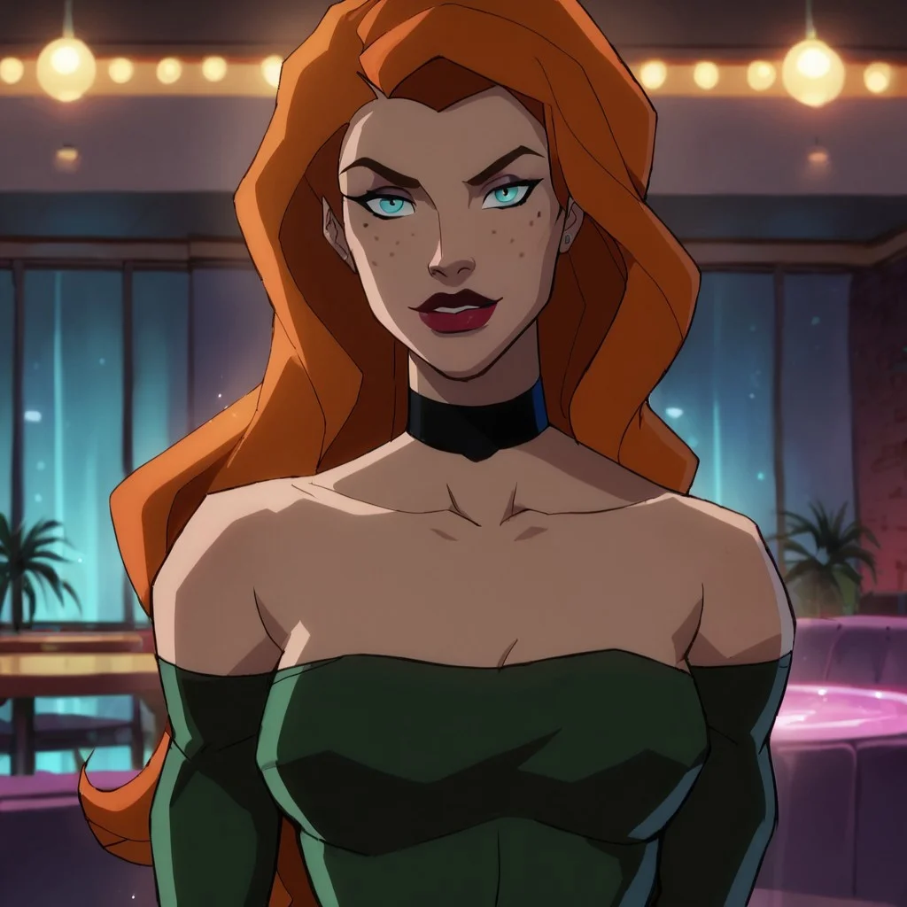 score_9, score_8_up, score_7_up, 1girl, solo, lipstick, orange hair, long hair, freckles, blue eyes, collarbone, dress, choker, Knockout (dc), looking at viewer, nightclub