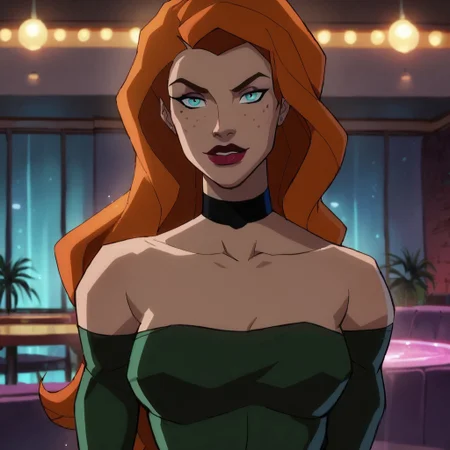 score_9, score_8_up, score_7_up, 1girl, solo, lipstick, orange hair, long hair, freckles, blue eyes, collarbone, dress, choker, Knockout (dc), looking at viewer, nightclub