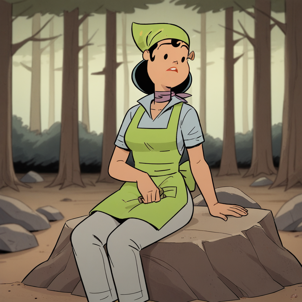 score_9_up, score_8_up, BREAK, RamonaFlores, 1girl, solo, black eyes, hat, shirt, short sleeves, green apron, grey pants, sitting on rock, forest,  <lora:RamonaFlores_KidCosmic_PXL_Leaf1:0.8>,