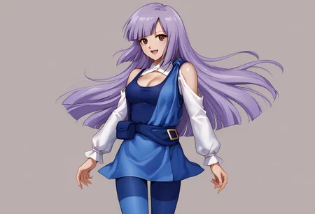 score_9, score_8_up, score_7_up, source_anime, good anatomy, 1girl, solo, RouxLouka, lavender hair, hime cut, long hair,brown eyes, blue tanktop, cleavage cutout, white sleeves, bare shoulder, light blue short dress, fanny pack, blue pantyhose, light blue legwarmers, white boots, standing, smiling, open mouth, contrapposto