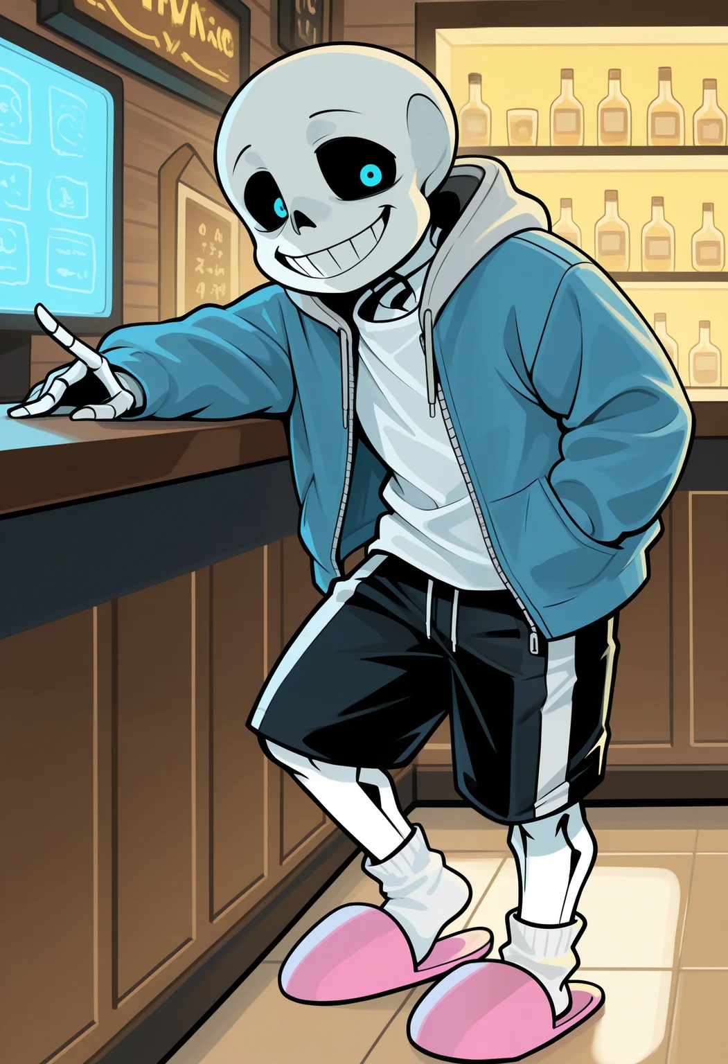 masterpiece,best quality,amazing quality, 1boy, solo, s4ns, skeleton, white shirt, white socks, pink slippers, blue jacket, black shorts, shrug, smile, show teeth,
inside, bar, joking,