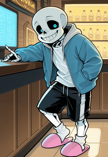 masterpiece,best quality,amazing quality, 1boy, solo, s4ns, skeleton, white shirt, white socks, pink slippers, blue jacket, black shorts, shrug, smile, show teeth,
inside, bar, joking,