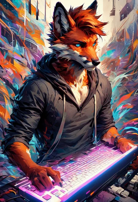 Masterpiece, score_9, score_8_up, male fox anthro, orange fur with white accents, wearing a black hoodie, typing on a glowing keyboard, surrounded by futuristic computer screens, neon blue and purple lighting, sly and focused expression, dark cyberpunk setting, vibrant glowing details, rgtexture