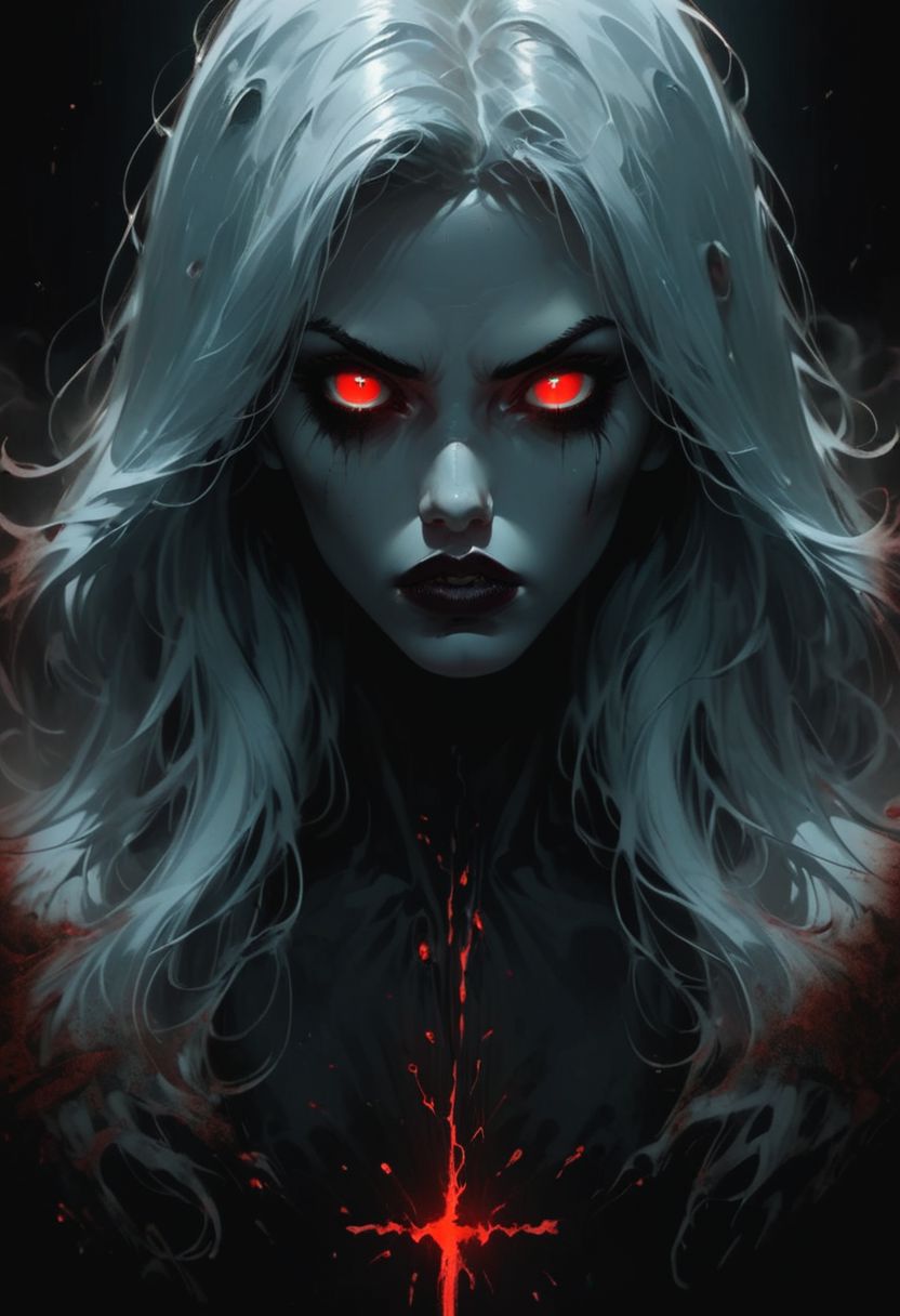score_9, score_8_up, score_7_up, 1girl, long hair,  low light, dramatic lighting, darkness, neon, eye lighting, water, smoke,long white hair, vampire, very old vampire,  black background,