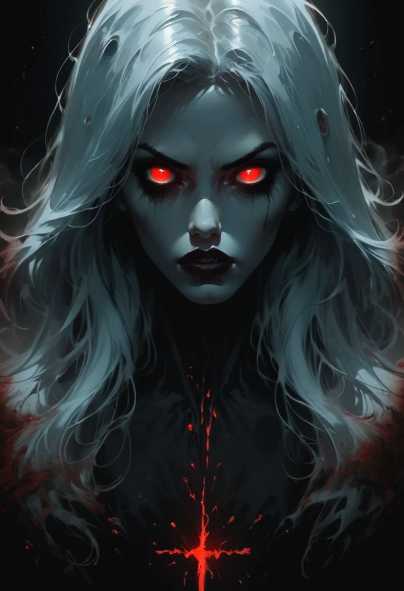 score_9, score_8_up, score_7_up, 1girl, long hair, low light, dramatic lighting, darkness, neon, eye lighting, water, smoke,long white hair, vampire, very old vampire, black background,