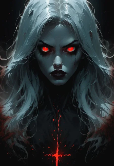 score_9, score_8_up, score_7_up, 1girl, long hair,  low light, dramatic lighting, darkness, neon, eye lighting, water, smoke,long white hair, vampire, very old vampire,  black background,