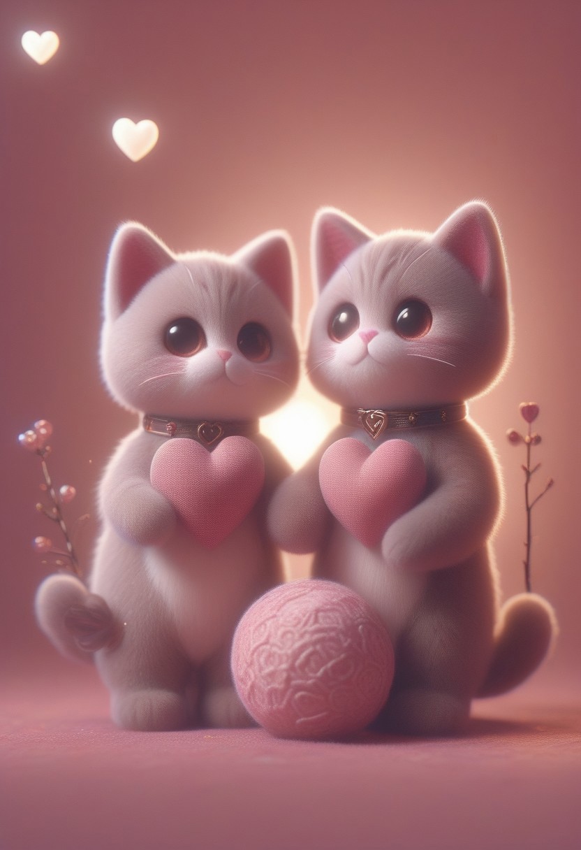 ral-smlvltnpls, masterpiece, best quality, absurdres, cats sitting on a tree branch, facing each other in an intimate and harmonious pose. The left cat is black, while the right cat is white, creating a striking contrast. They are surrounded by delicate, blooming branches with small flowers, adding a serene and romantic atmosphere. The background is softly blurred, focusing the viewer's attention on the cats and their interaction. The lighting is soft, emphasizing the texture of their fur and the gentle ambiance of the scene. pink heart in front of them, white sphere in the background, h4ra_illu, momosp