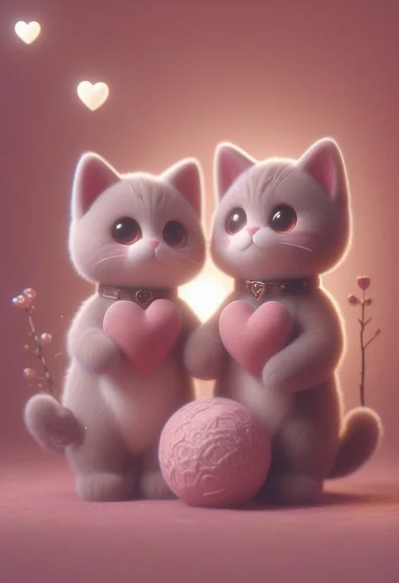 ral-smlvltnpls, masterpiece, best quality, absurdres, cats sitting on a tree branch, facing each other in an intimate and harmonious pose. The left cat is black, while the right cat is white, creating a striking contrast. They are surrounded by delicate, blooming branches with small flowers, adding a serene and romantic atmosphere. The background is softly blurred, focusing the viewer's attention on the cats and their interaction. The lighting is soft, emphasizing the texture of their fur and the gentle ambiance of the scene. pink heart in front of them, white sphere in the background, h4ra_illu, momosp