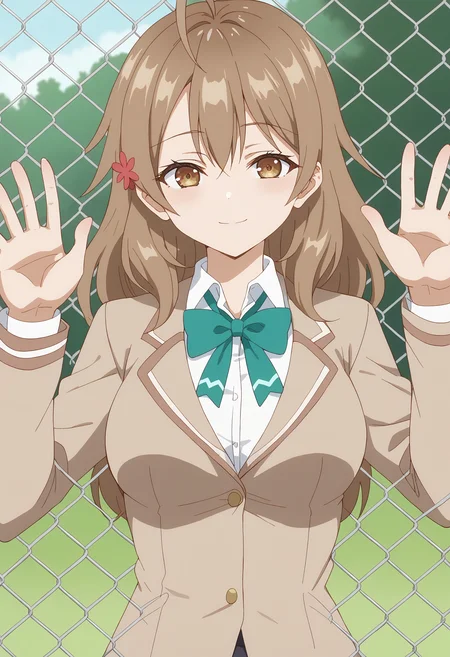 score 7 up, solo, source anime, 1girl, , <lora:masha.pony:1> masha, , <lora:against fence_pony_V1.0:1> against fence, fence,,