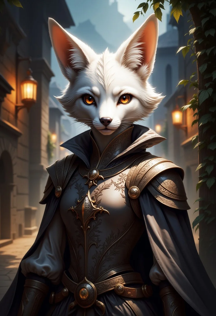 A striking digital painting of an anthropomorphic fox character with a pure white, semi-realistic style. The character has a humanoid body and the face of a fox, exuding an ethereal, fantastical quality with a distinctly medieval aesthetic. Its detailed fur shimmers with a subtle sheen, capturing the interplay of light and texture. The character's expressive, piercing eyes dominate the upper part of the composition, drawing attention with their luminous intensity. Standing upright, the fox wears an intricately crafted leather doublet adorned with embossed floral patterns, complemented by a flowing cloak fastened with a silver brooch in the shape of a crescent moon.
The background is softly blurred, showcasing the warm glow of a medieval castle courtyard at dusk, with faint lantern light flickering amidst climbing ivy. The atmosphere is imbued with a sense of mysticism and nobility, further highlighted by the character's poised and commanding stance. The painting style emphasizes high detail and texture, blending the realism of fur and fabric with the fantastical charm of a fox embodying medieval elegance.