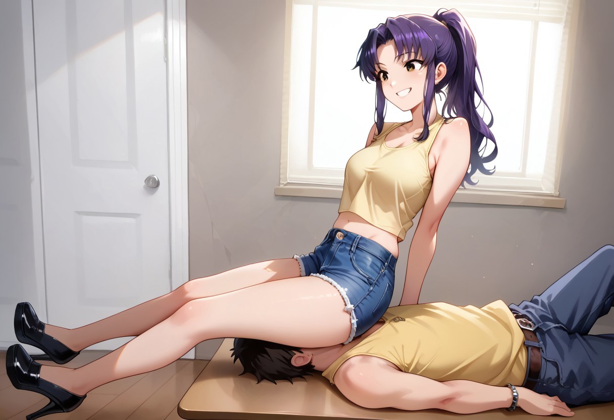 score_9,score_8_up,score_7_up,score_6_up,source_anime, studio lighting, anime screencap, 2d,
FWF4, facesitting, femdom, two persons, classroom, full body, view from afar, 
1girl (misato katsuragi, long hair, brown eyes, purple hair, parted bangs, ponytail, sidelocks, shirt, sleeveless, shorts, short shorts, bare legs, denim, denim shorts, yellow shirt, collarbone, dominant female, skinny, skindentation, evil grin, legs straight), 
BREAK
1guy (young, short hair, submissive boy, casual outfit)