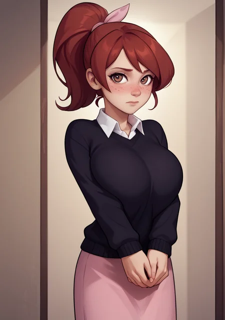 score_9, score_8_up, score_7_up, masterpiece, , line art, portrait, anime ,, detailed ,, standing, looking at viewer close-up , , nose blush, v arms, breasts squeezed together, , 1girl ,, freckles, brown eyes, tied hair, ponytail, thin, slim, petite,, black sweater, long pink skirt, collared shirt under sweater, dark red hair, indoors, school, <lora:Golden_Girl-000011:0.7>