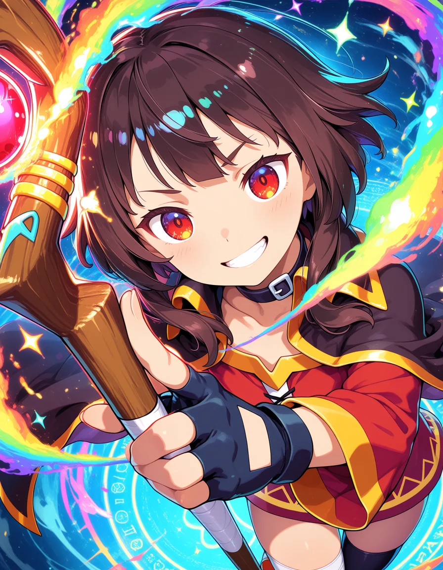 masterpiece, highres, absurdres, newest, close-up,
score_9, score_8,
1girl, solo, megumin,
magic,holding staff,smile,
particles,effect,magic circle,
dynamic,the magical fire is glowing rainbow color,thighs,glowing,lens flare,dynamic pose,
angle,dynamic angle,wink,looking at viewer, ,