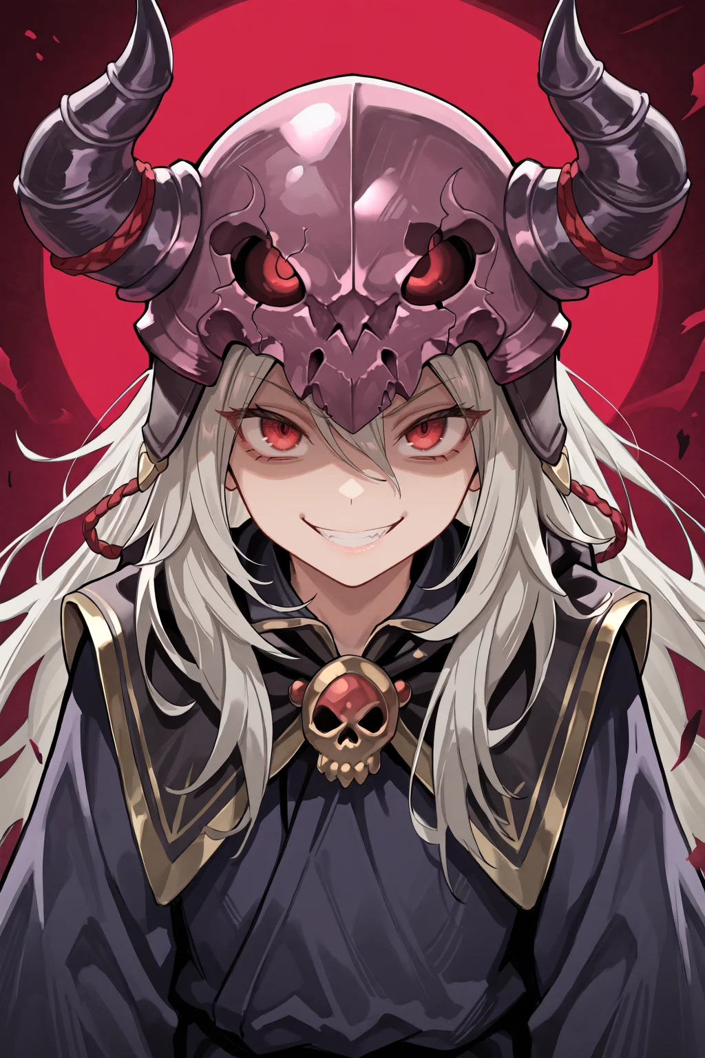 masterpiece, very aesthetic, absurdres, best quality, amazing quality, high resolution, <lora:illustrious_quality_modifiers_masterpieces_v1:0.8> , <lora:ChamIllustriousBackgroundEnhancer:0.5>, solo, <lora:NecromancerIL:0.8> , necdef, 1boy, red eyes, long hair, grey hair, skull, horned helmet, horns, fake horns, skull brooch, black capelet, robe, ((face, close-up)), looking at viewer, evil grin, shaded face,