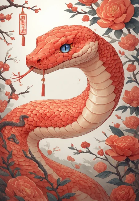 PonyXLV6_Scores, SN3K, snake, lizard, flower, no humans, blue eyes, snake, slit pupils, red flower, scales, Chinese traditional new years art, chinese calligraphy, year of the snake