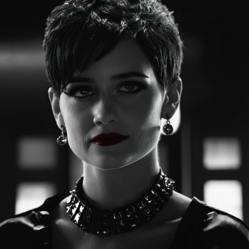 cinematic film still of  <lora:sin city style v2:1>
In Sin City universe a woman with a black collar and a black necklace sin city style,1girl,solo,smile,jewelry,monochrome,greyscale,earrings,teeth,collar,lips,portrait,close-up,realistic,spiked collar,Frank Miller's Sin City,dark theme,cinematic film,comic book series,graphic novel,Neo-noir,high contrasts,sin city style,closeup , film noir, low key light, dim light, low light, dramatic light, film grain, shallow depth of field, vignette, highly detailed, high budget, bokeh, cinemascope, moody, epic, gorgeous, film grain, grainy