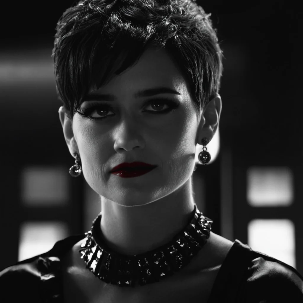 cinematic film still of  <lora:sin city style v2:1>
In Sin City universe a woman with a black collar and a black necklace sin city style,1girl,solo,smile,jewelry,monochrome,greyscale,earrings,teeth,collar,lips,portrait,close-up,realistic,spiked collar,Frank Miller's Sin City,dark theme,cinematic film,comic book series,graphic novel,Neo-noir,high contrasts,sin city style,closeup , film noir, low key light, dim light, low light, dramatic light, film grain, shallow depth of field, vignette, highly detailed, high budget, bokeh, cinemascope, moody, epic, gorgeous, film grain, grainy