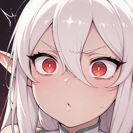 masterpiece, best quality, amazing quality, 1girl, solo, elf ears, white hair, hair between eyes, long hair, red eyes, pupils
closeup, Mocking, Sarcastic

