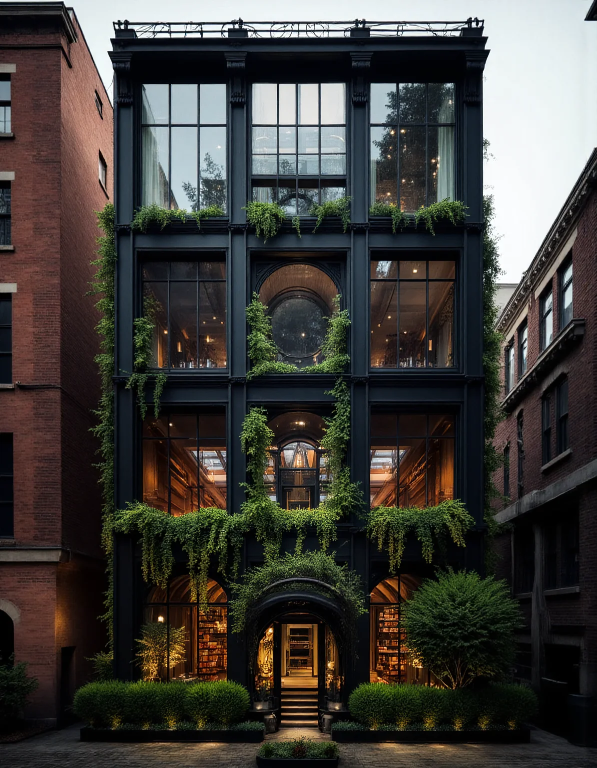 A striking, modern townhouse with a blend of historical and contemporary architecture, featuring a facade of arched, circular windows framed in black steel. The exterior is made of a mix of dark brick and stone, with intricate masonry surrounding the windows. Warm, ambient lighting from within the house highlights the elegant design of the interior, visible through the large, glass-paneled archway on the ground floor. The interior is illuminated with soft, golden light, showcasing a cozy, open-plan living space with modern furnishings and bookshelves. The upper floors feature large circular and arched windows, creating a geometric contrast with the rectangular shape of the house. The scene is set at twilight, with the sky darkening and the warm lights creating a welcoming glow. The foreground features a small garden with manicured bushes and stepping stones leading up to the front entrance. aidmaHyperrealism <lora:aidmaHyperrealismv0.3:0.6> <lora:Sinfully_Stylish_.02_for_FLUX:0.6> in the style of Jed-clrfl <lora:flux-colourful:0.3> <lora:FluxDFaeTasticDetails:0.6>