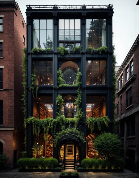 A striking, modern townhouse with a blend of historical and contemporary architecture, featuring a facade of arched, circular windows framed in black steel. The exterior is made of a mix of dark brick and stone, with intricate masonry surrounding the windows. Warm, ambient lighting from within the house highlights the elegant design of the interior, visible through the large, glass-paneled archway on the ground floor. The interior is illuminated with soft, golden light, showcasing a cozy, open-plan living space with modern furnishings and bookshelves. The upper floors feature large circular and arched windows, creating a geometric contrast with the rectangular shape of the house. The scene is set at twilight, with the sky darkening and the warm lights creating a welcoming glow. The foreground features a small garden with manicured bushes and stepping stones leading up to the front entrance. aidmaHyperrealism <lora:aidmaHyperrealismv0.3:0.6> <lora:Sinfully_Stylish_.02_for_FLUX:0.6> in the style of Jed-clrfl <lora:flux-colourful:0.3> <lora:FluxDFaeTasticDetails:0.6>