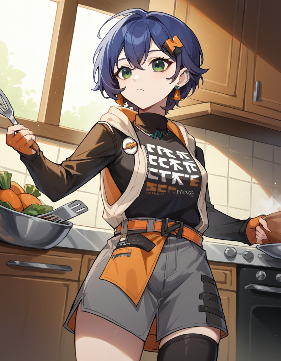 score_9, score_8_up, score_7_up, source_anime, <lora:zzz-belle-ponyxl-lora-nochekaiser:1>, belle, blue hair, green eyes, hair ornament, short hair,, belt, black shirt, black thighhighs, clothes writing, earrings, fingerless gloves, gloves, grey shorts, jewelry, long sleeves, orange belt, orange flower, orange socks, shirt, single fingerless glove, single thighhigh, jacket, hoodie, turtleneck,, kitchen, cooking, apron, cutting vegetables, home cooking, cowboy shot, dutch angle