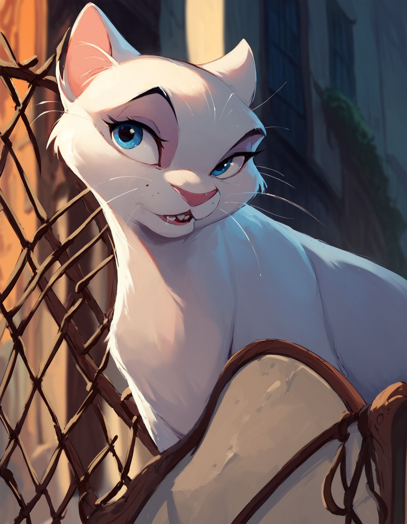 score_9, score_8_up, score_7_up, score_6_up, disney animation, 
white Cat, feral, blue eyes, dark, dramatic lighting, urban, fence, close-up,
<lora:Disney_Animation_Pony_v1:1> ,
