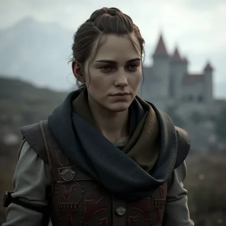 <lora:amicia-de-rune:1>amicia de rune, Amicia de Rune, the protagonist of 'A Plague Tale', in medieval attire, with a castle in the background, in a concept art style