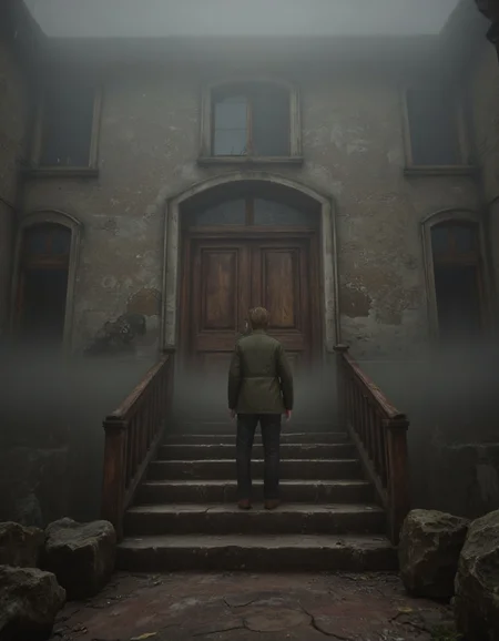 DSCF0001-9999.JPG, Sil_Hill_RE_STYLE, This image is a dark, moody CGI rendering in a horror-themed setting, from the game Silent Hill 2, depicting the eerie entrance to the Historical Society. The old, weathered building is covered in fog, with cracked stone steps leading to heavy wooden doors. The faint sound of distant water dripping echoes through the mist. The atmosphere is heavy with history and darkness, as if the building itself is hiding terrible secrets within its walls, waiting for James Sunderland to uncover them.